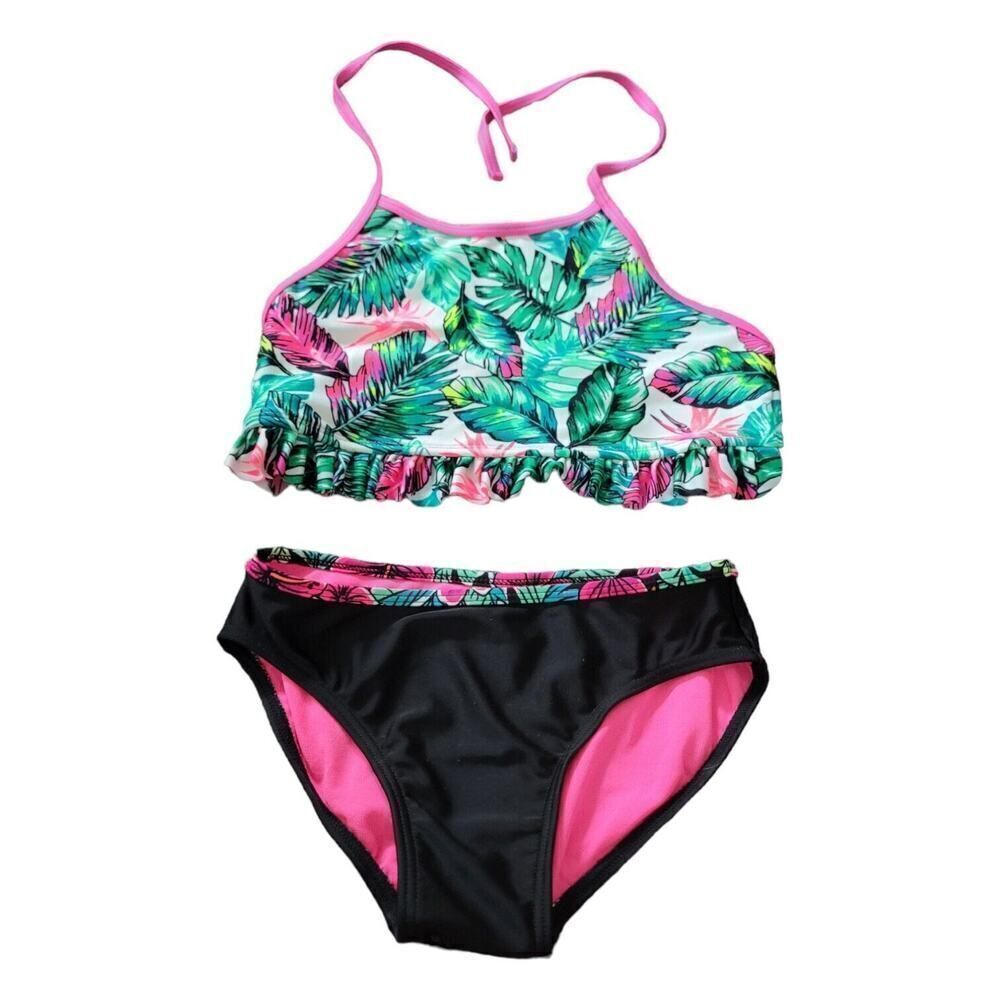 Xhilaration Tropical 2 Piece Swimsuit Pink Black Leaf Frond Swimwear Girls SZ M